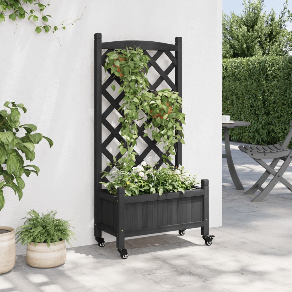 VidaXL Jardinière avec treillis et roulettes, bois de pin massif, noir