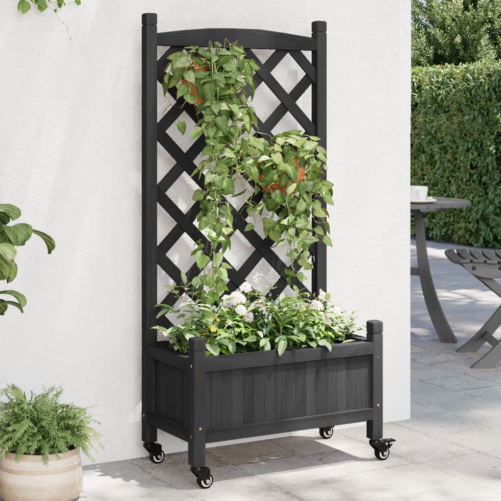 VidaXL Jardinière avec treillis et roulettes, bois de pin massif, noir