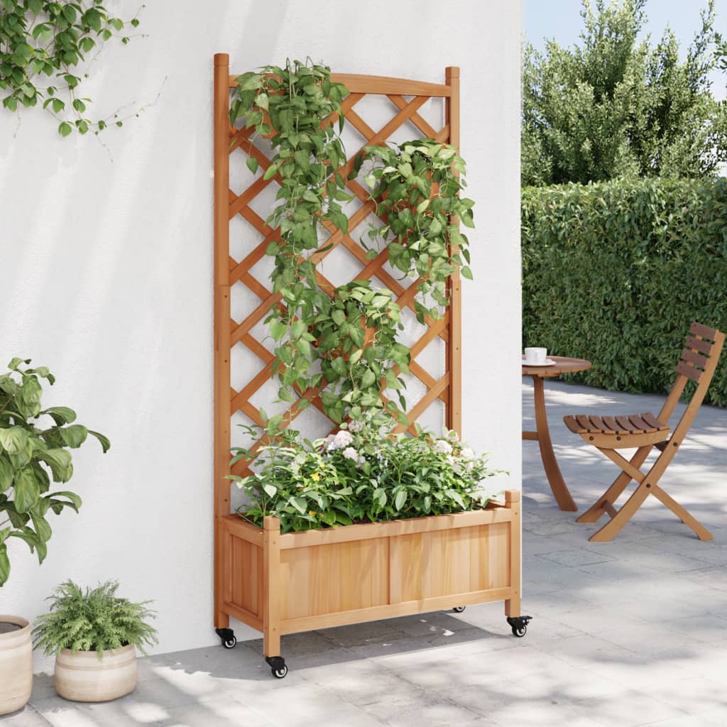 VidaXL Jardinière avec treillis et roulettes, bois de pin marron massif