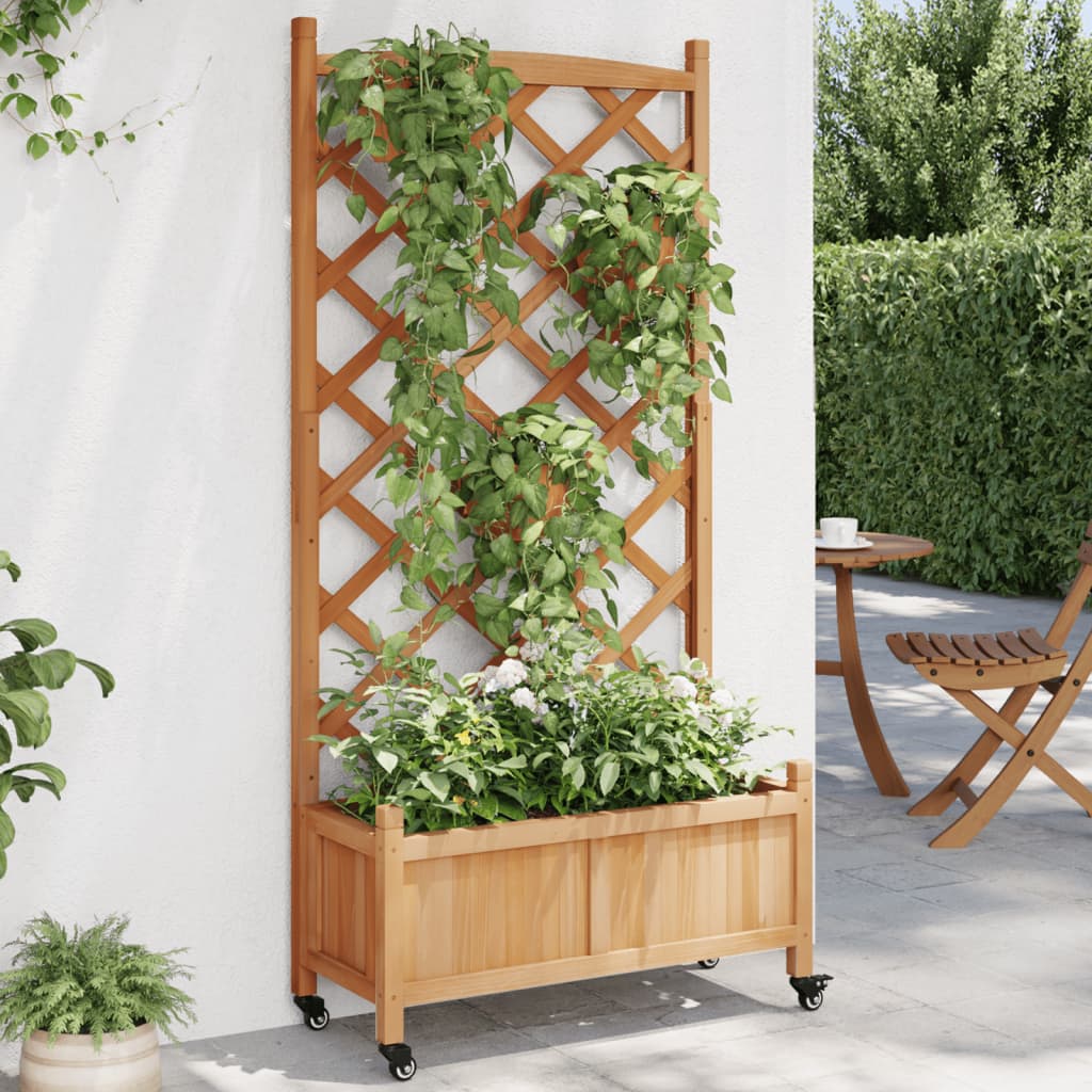VidaXL Jardinière avec treillis et roulettes, bois de pin marron massif