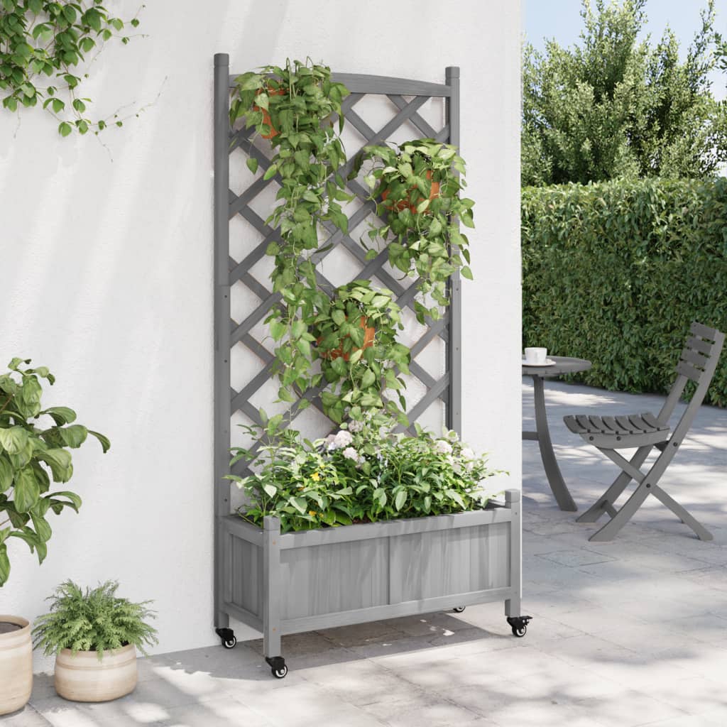 VidaXL Jardinière avec treillis et roulettes, bois de pin gris massif