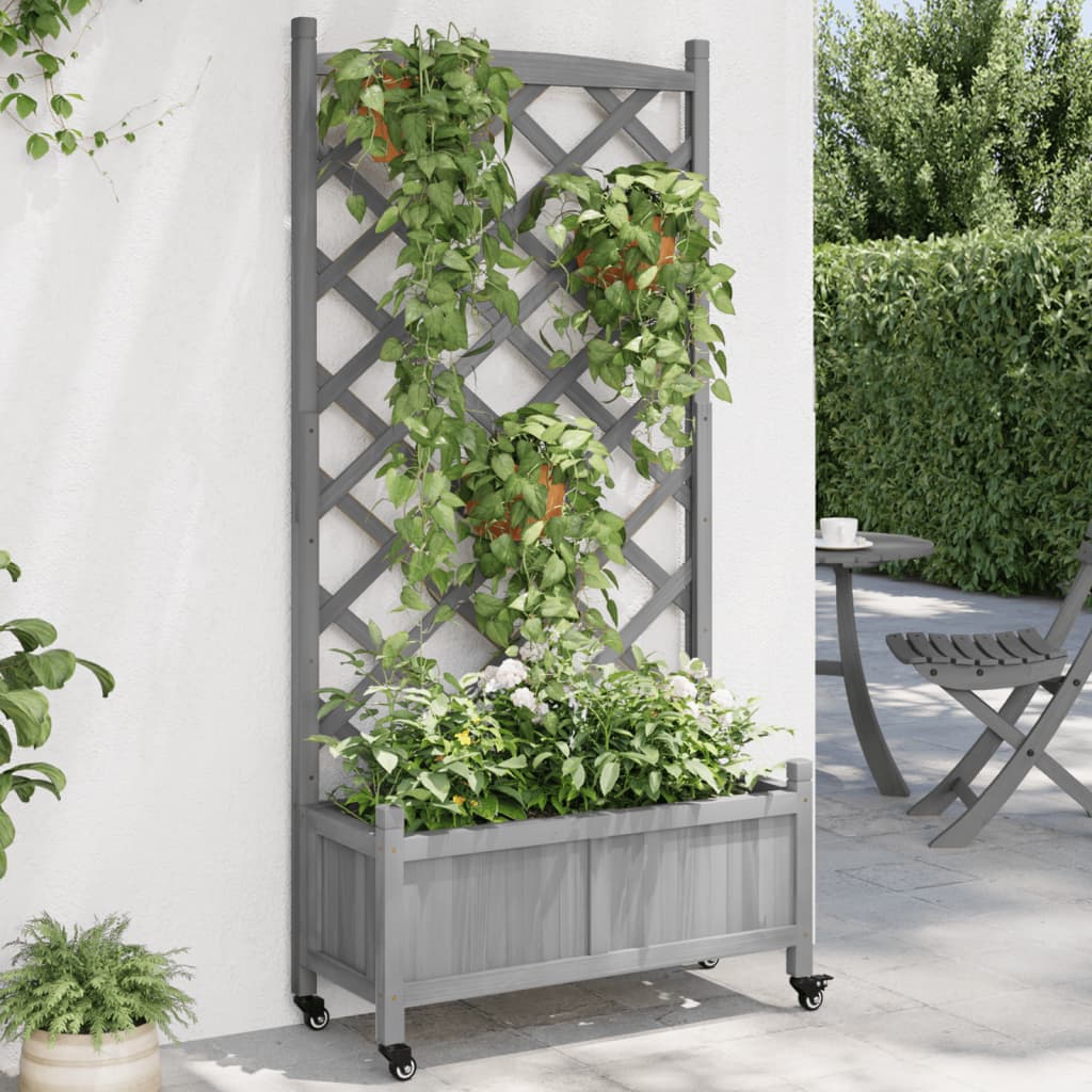 VidaXL Jardinière avec treillis et roulettes, bois de pin gris massif