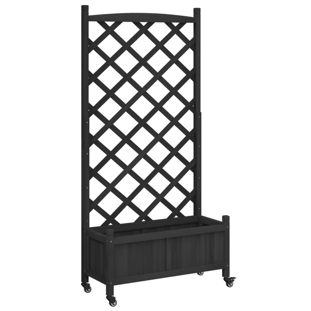 VidaXL Jardinière avec treillis et roulettes, bois de pin massif, noir