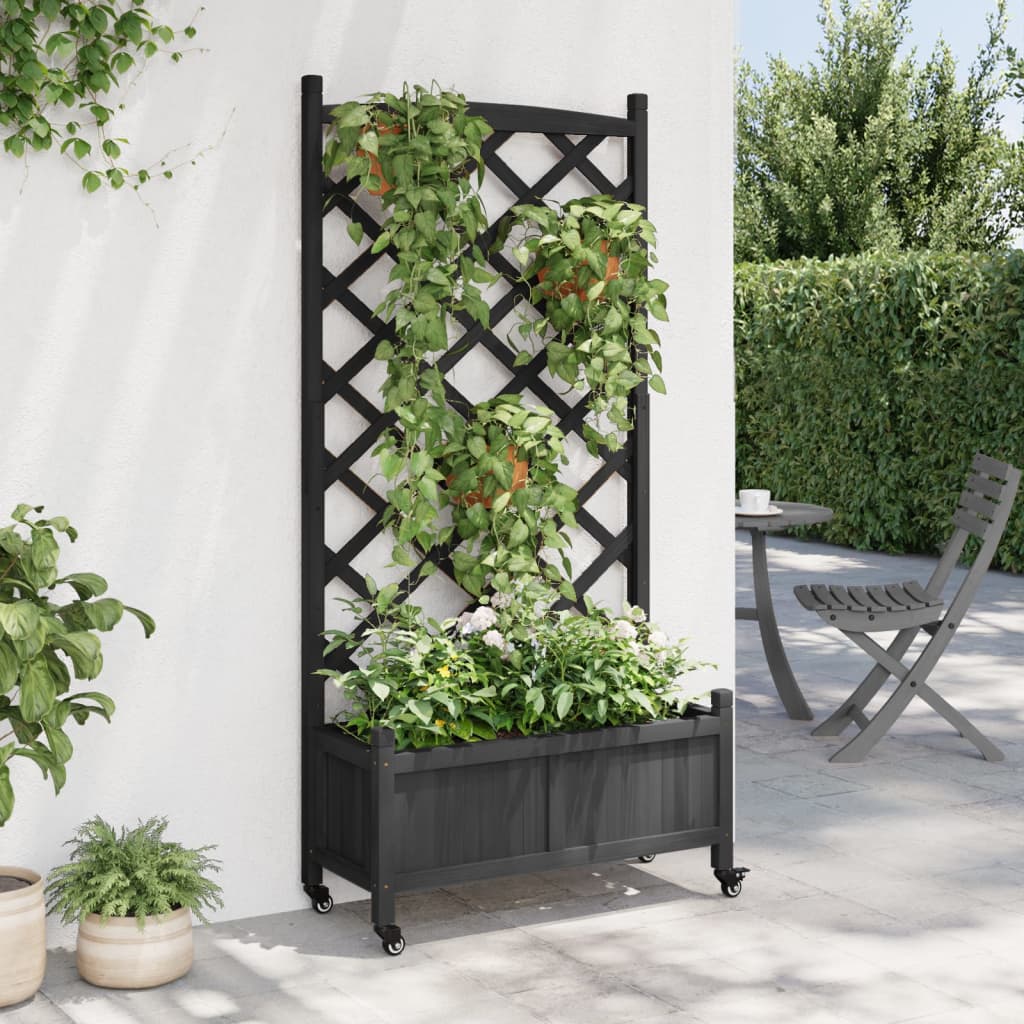 VidaXL Jardinière avec treillis et roulettes, bois de pin massif, noir