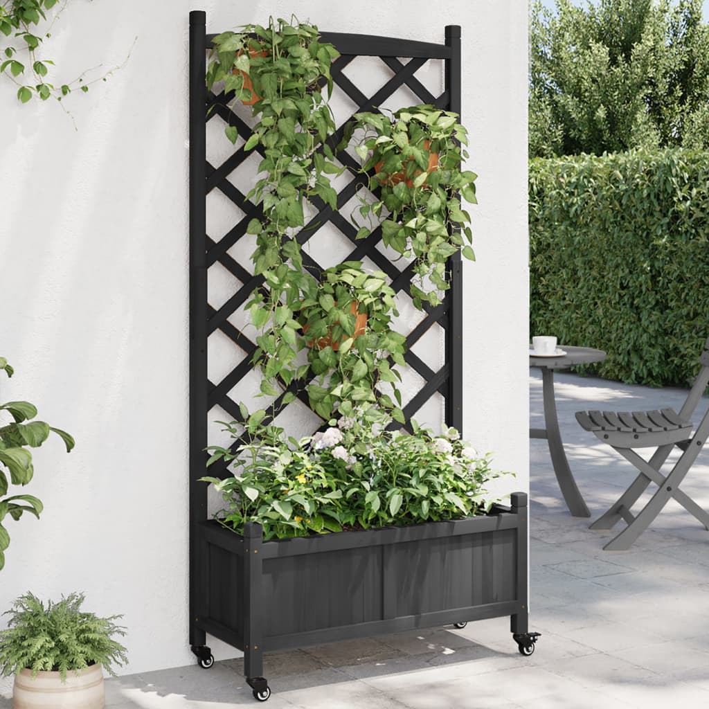 VidaXL Jardinière avec treillis et roulettes, bois de pin massif, noir