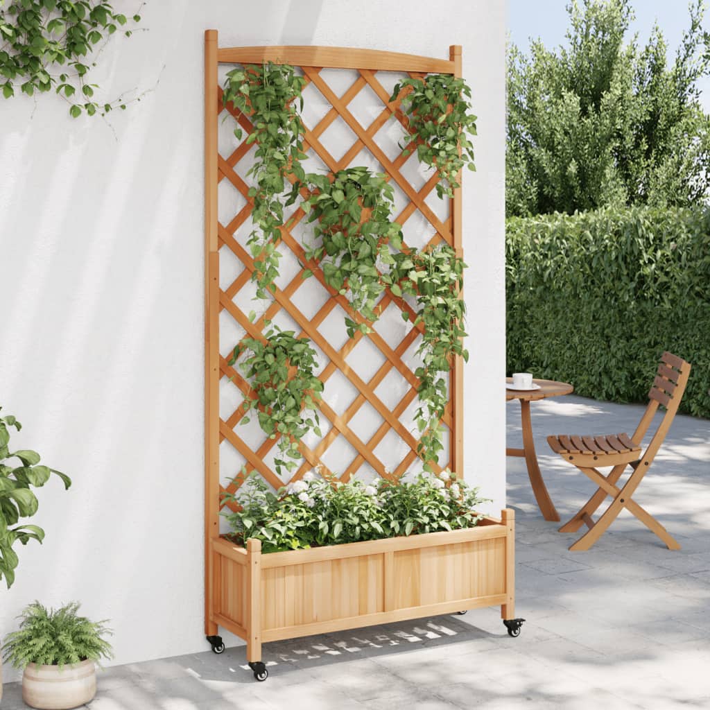 VidaXL Jardinière avec treillis et roulettes, bois de pin marron massif