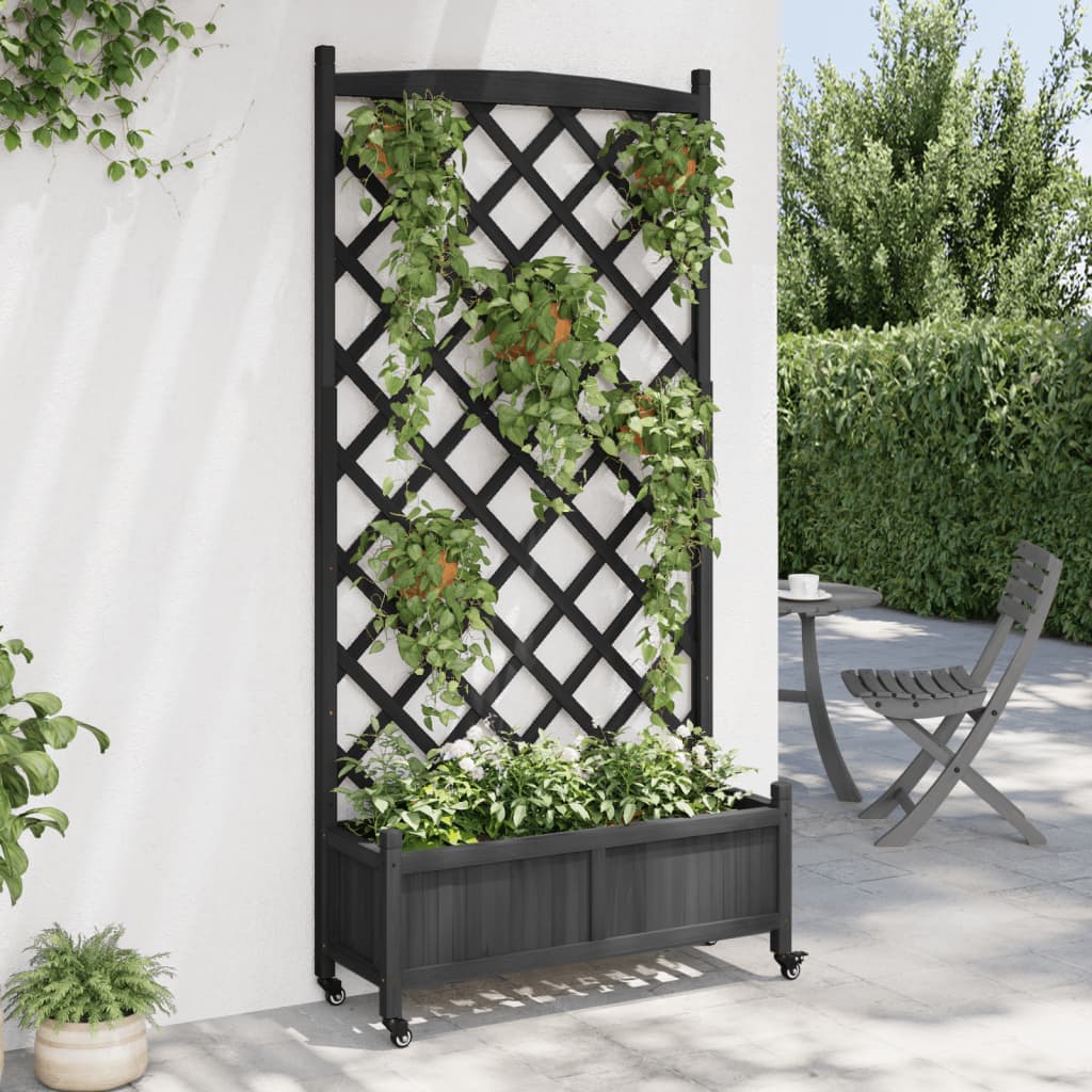 VidaXL Jardinière avec treillis et roulettes, bois de pin massif, noir