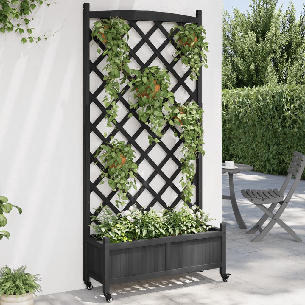VidaXL Jardinière avec treillis et roulettes, bois de pin massif, noir