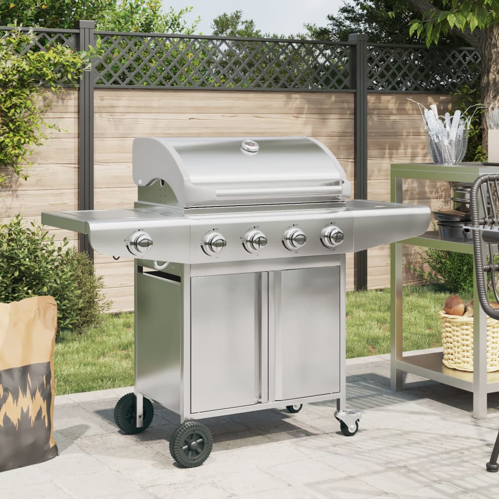 VidaXL Barbecue à gaz avec 5 brûleurs en acier inoxydable couleur argent