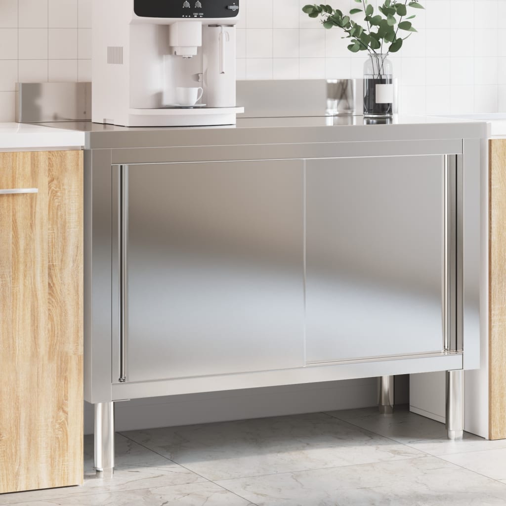 VidaXL table de travail de cuisine avec portes coulissantes en acier inoxydable