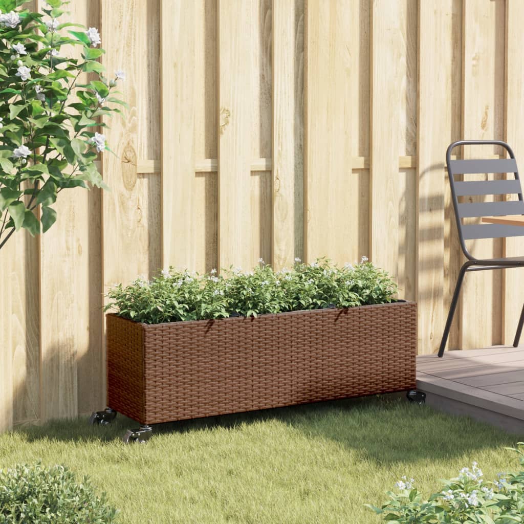 VidaXL Jardinière à roulettes 3 pots 107x32x38 cm poly rotin marron