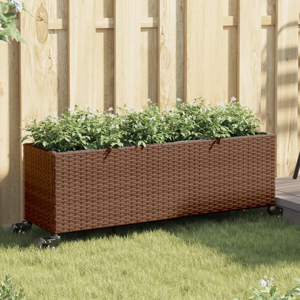 VidaXL Jardinière à roulettes 3 pots 107x32x38 cm poly rotin marron