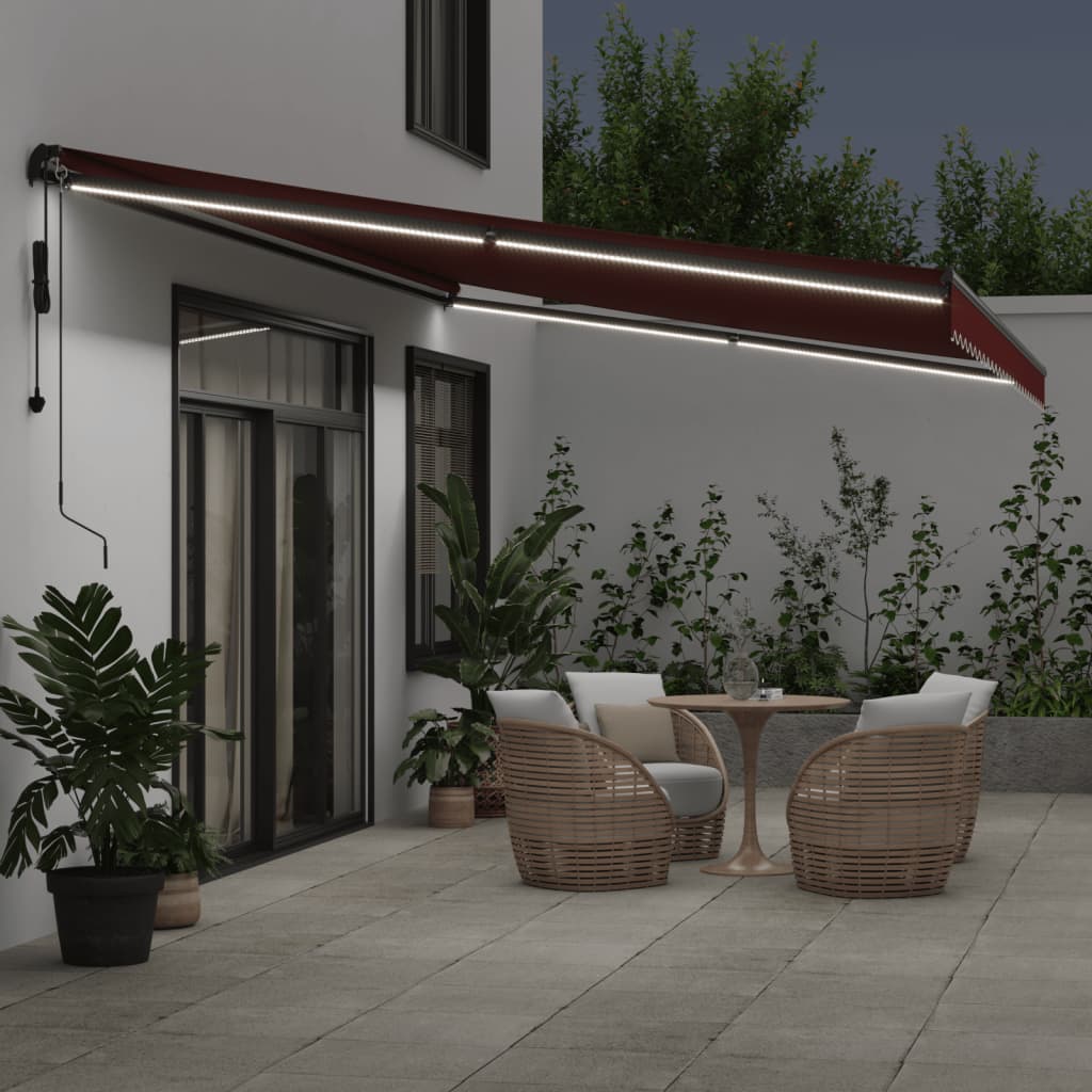 Auvent VidaXL extensible automatiquement avec LED 600x350 cm bordeaux