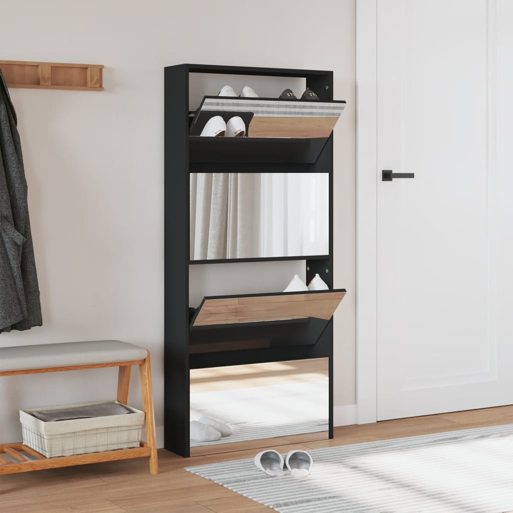 VidaXL Armoire à chaussures avec miroir 4 niveaux 63x17x134 cm noir