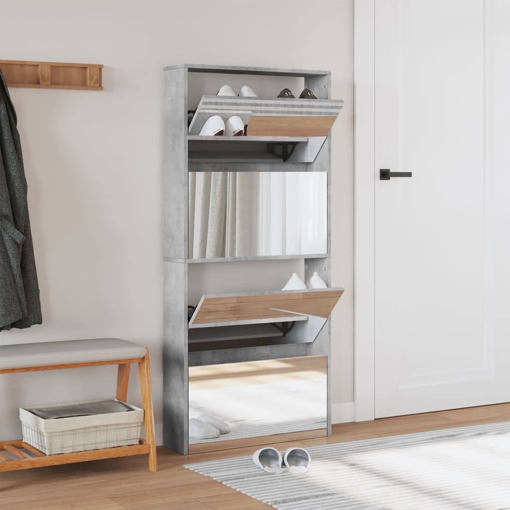 VidaXL Armoire à chaussures avec miroir 4 niveaux 63x17x134 cm Gris béton