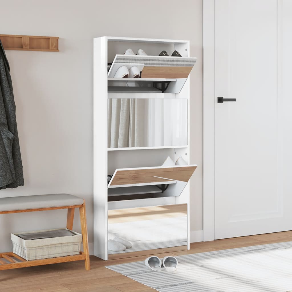 VidaXL Armoire à chaussures avec miroir 4 niveaux 63x17x134 cm blanc brillant