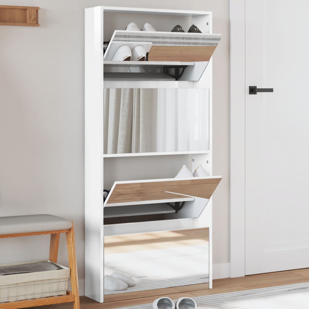 VidaXL Armoire à chaussures avec miroir 4 niveaux 63x17x134 cm blanc brillant