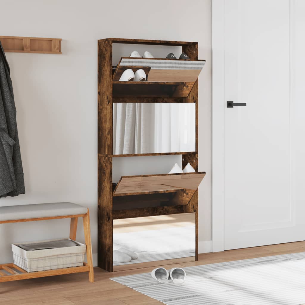 VidaXL Armoire à chaussures avec miroir 4 niveaux 63x17x134 cm chêne fumé