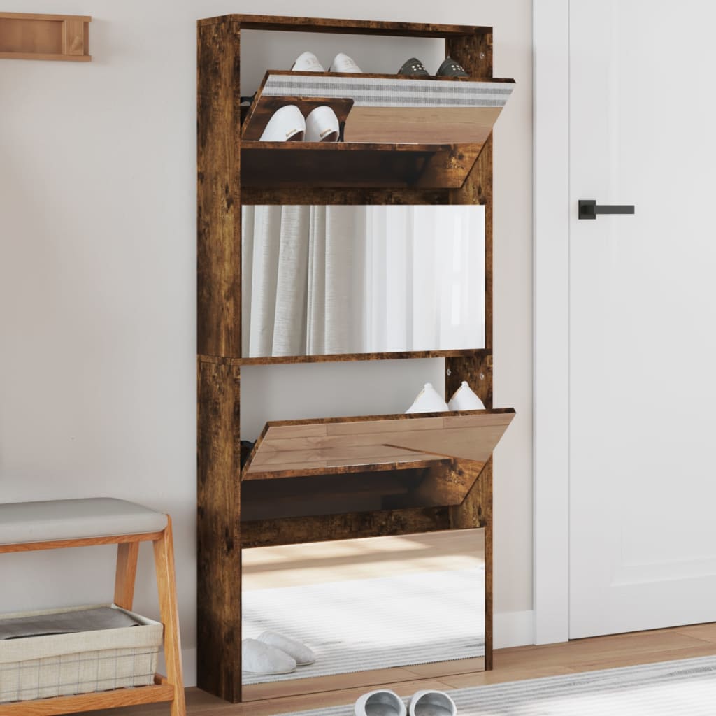 VidaXL Armoire à chaussures avec miroir 4 niveaux 63x17x134 cm chêne fumé