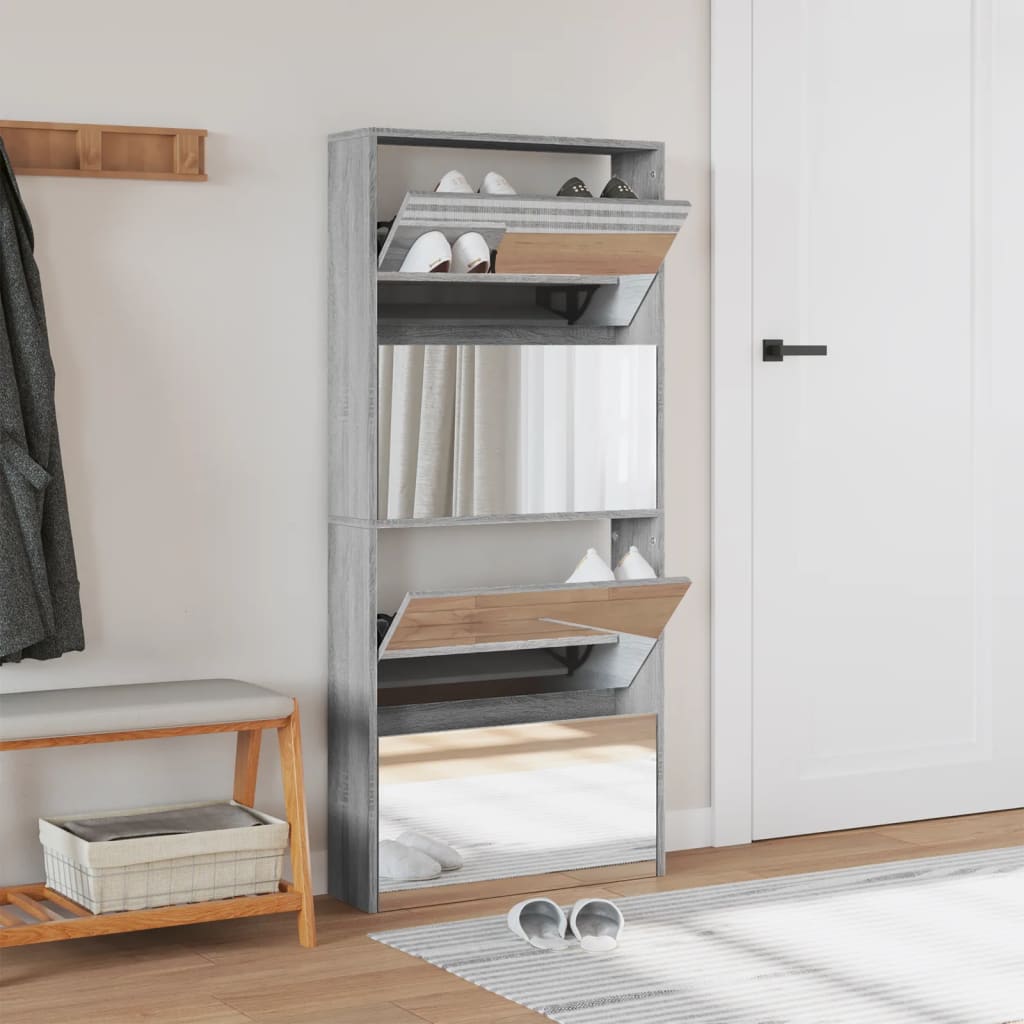 VidaXL armoire à chaussures avec miroir 4 niveaux 63x17x134 cm gris Sonoma
