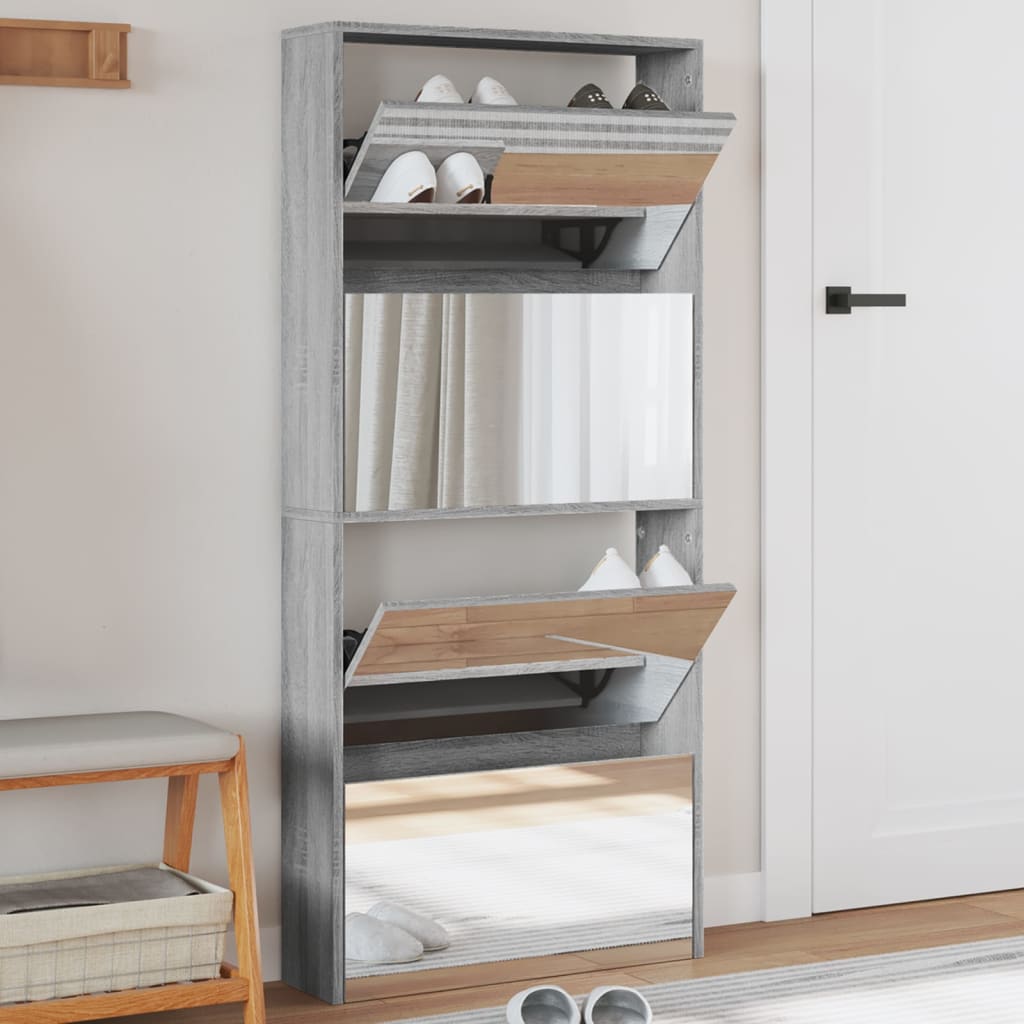 VidaXL armoire à chaussures avec miroir 4 niveaux 63x17x134 cm gris Sonoma