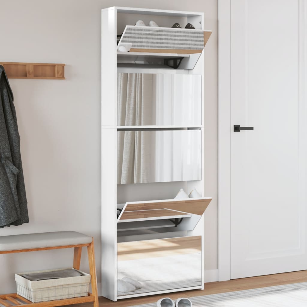 VidaXL Armoire à chaussures avec miroir 5 niveaux 63x17x169,5 cm blanc brillant