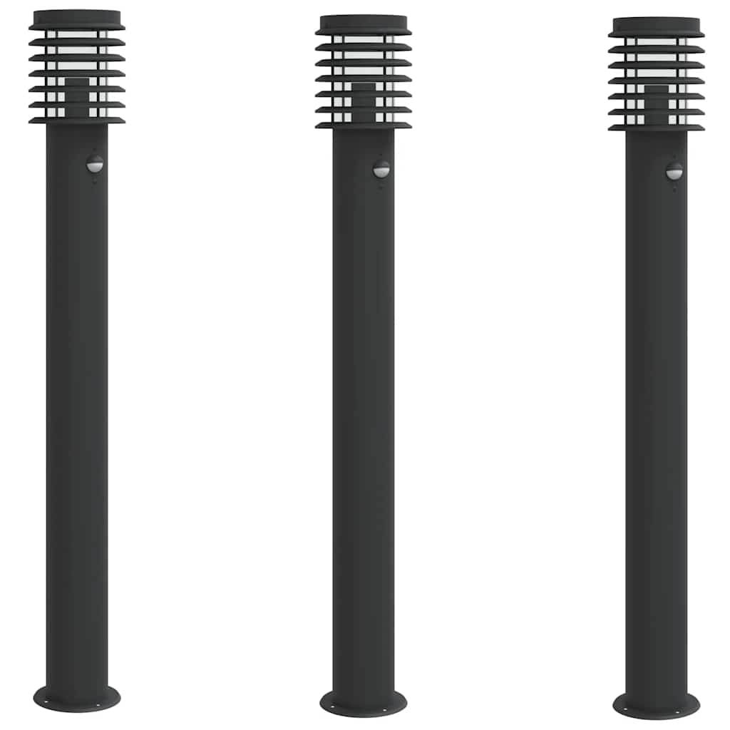 Vidaxx lampadaires d'extérieur 3 pcs avec capteurs 110 cm acier inoxydable noir