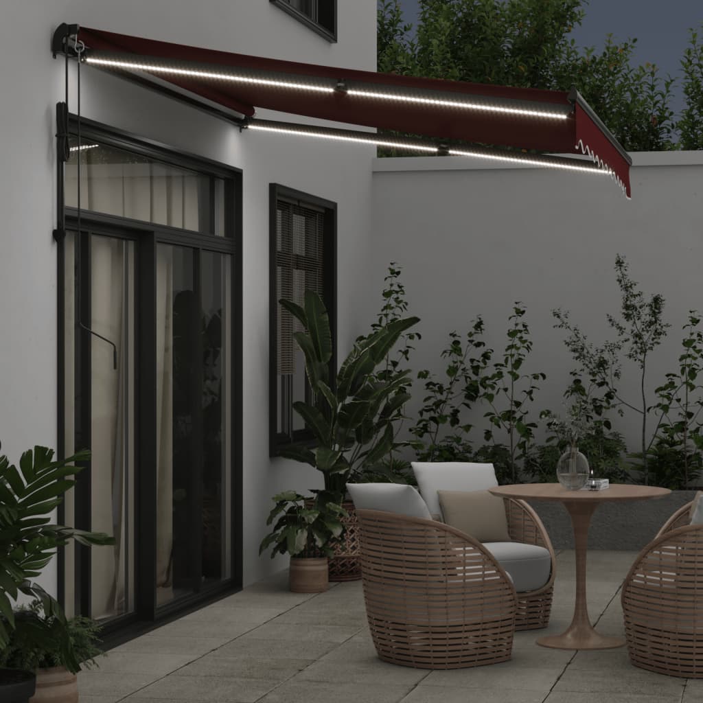 Auvent VidaXL extensible automatiquement avec LED 300x250 cm bordeaux