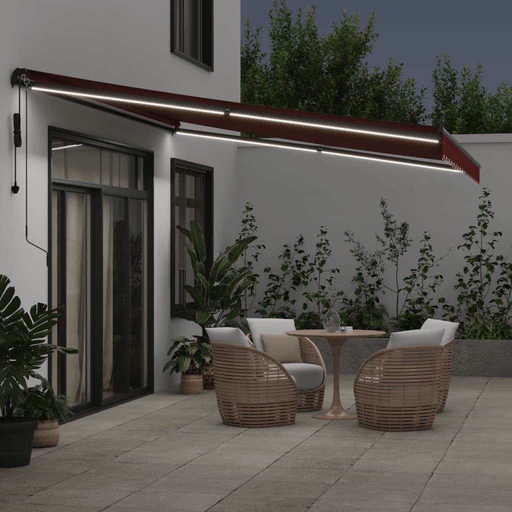 Auvent VidaXL extensible automatiquement avec LED 450x300 cm bordeaux