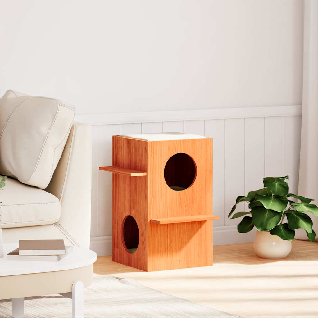Vidaxxl maison pour chat 43x43x60 cm bois de pin massif, marron lavé