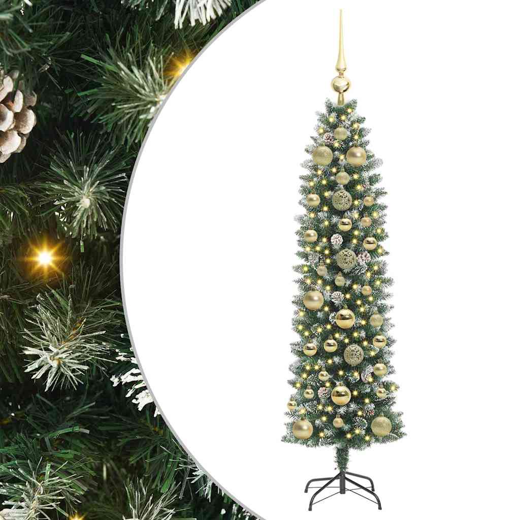 Vidaxl kunstmatige slanke kerstboom met 150 led groen en wit 150 cm