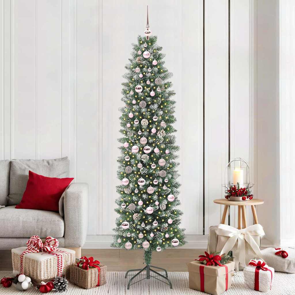 Vidaxl kunstmatige slanke kerstboom met 300 led groen en wit 210 cm