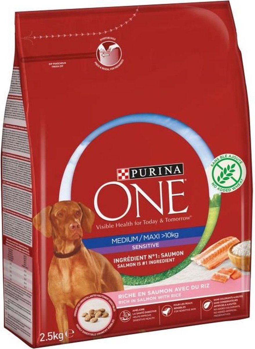 Purina one morceaux de saumon et riz moyen maxi> 10 kg - pour chiens adultes sensibles de taille moyenne et grande - 2,5 kg