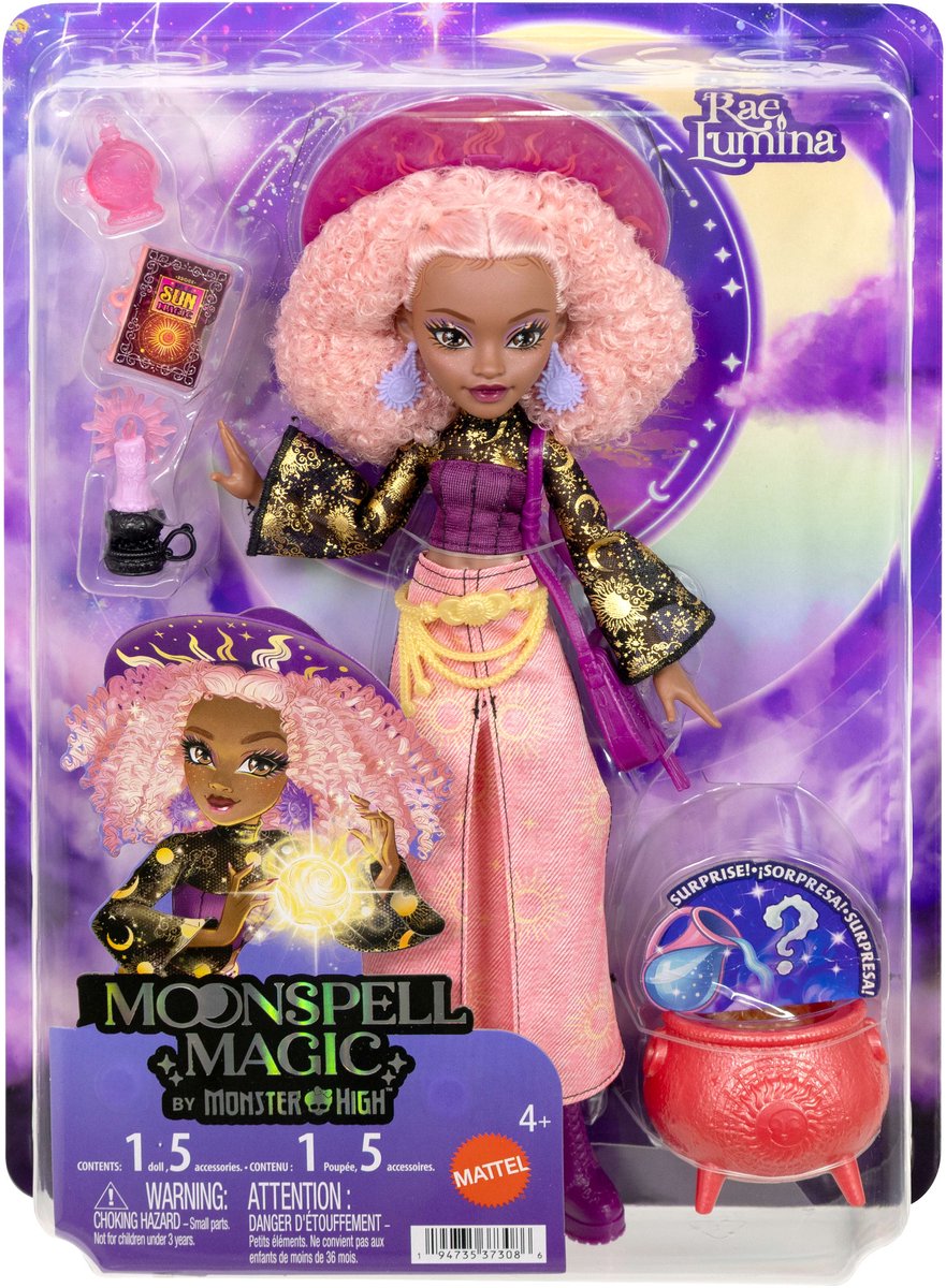 Mattel moonspell magie de monster high - poupée de mode rae lumina - sorcière du soleil avec accessoires