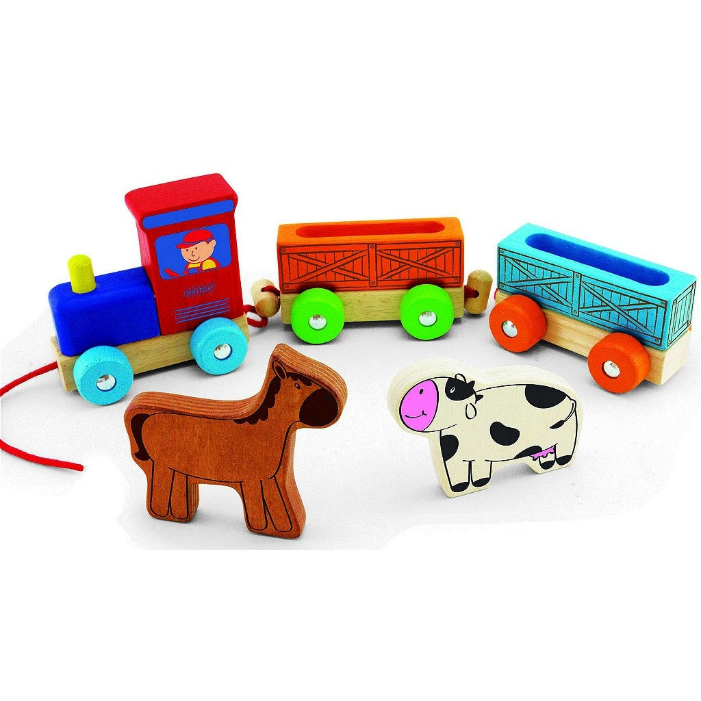 Train animalier en bois Pintoy avec animaux de la ferme