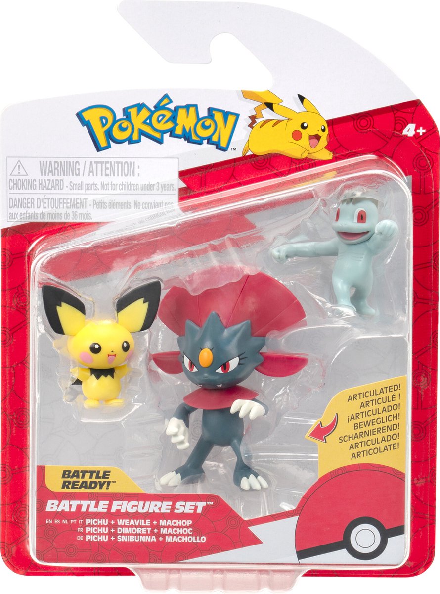 Jazwares Pokémon - Pack de 3 figurines de combat : Pichu, Machop, Weavile