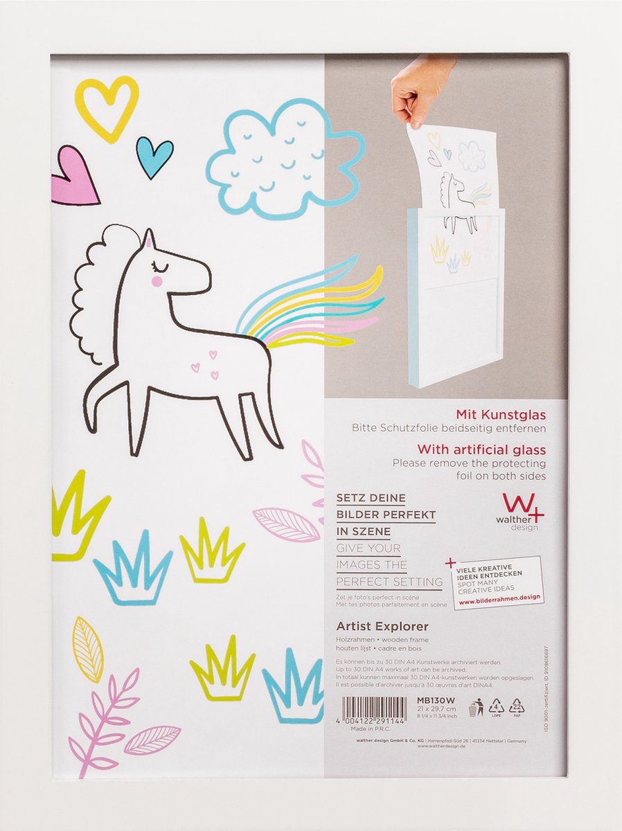 Walther Artist Explorer - cadre en bois - pour 30 croquis d'enfants - format photo 21x30 cm - verre d'art - blanc