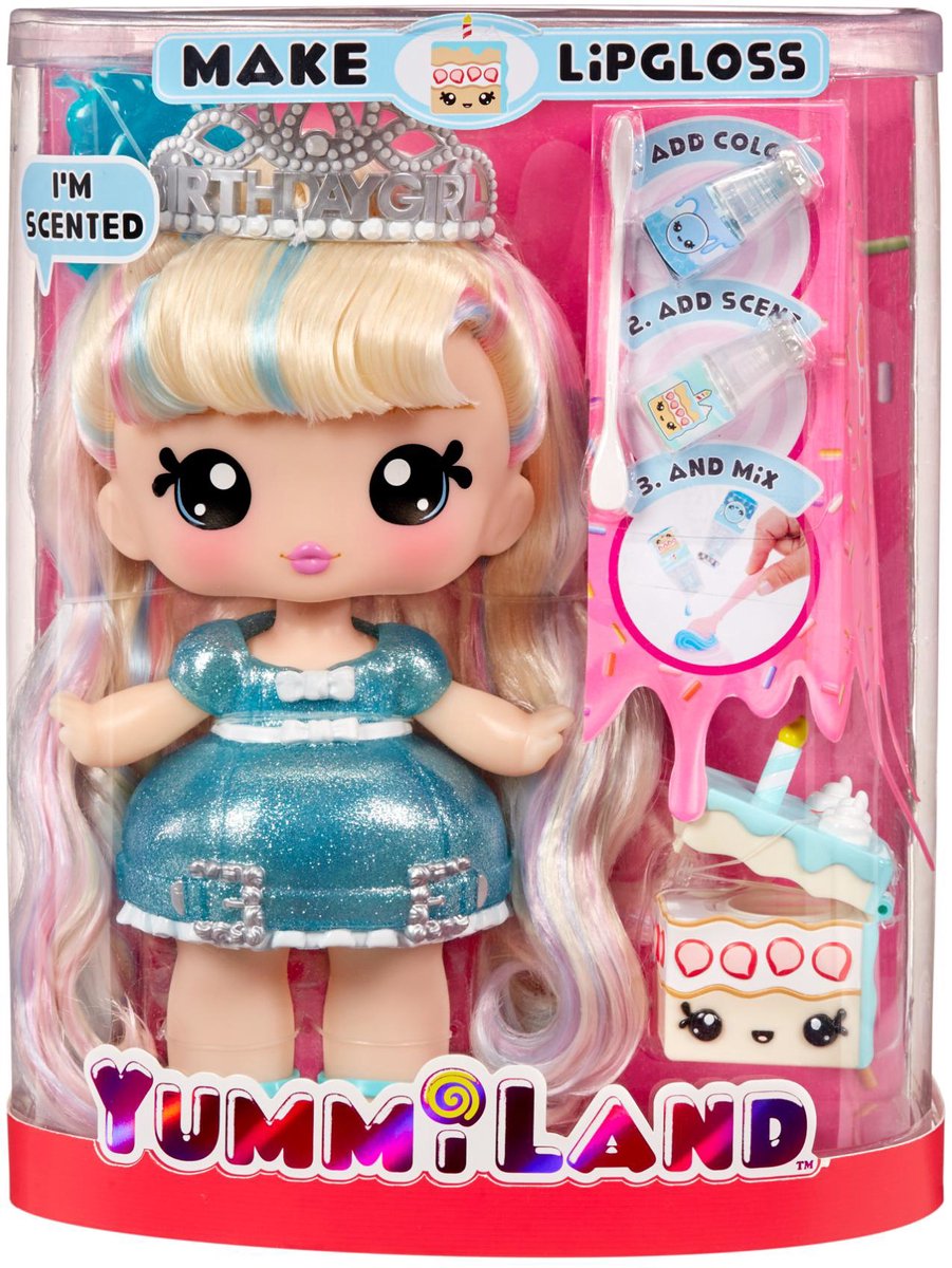 Mga entertainment yummiland lip gloss poupée avec animal de compagnie - gâteau d'anniversaire callie