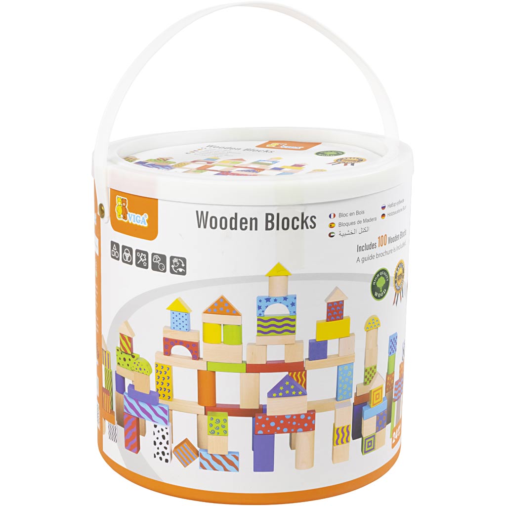 Blocs en bois Viga avec motif, taille 3 cm, différentes couleurs, 100 pièces 1 set