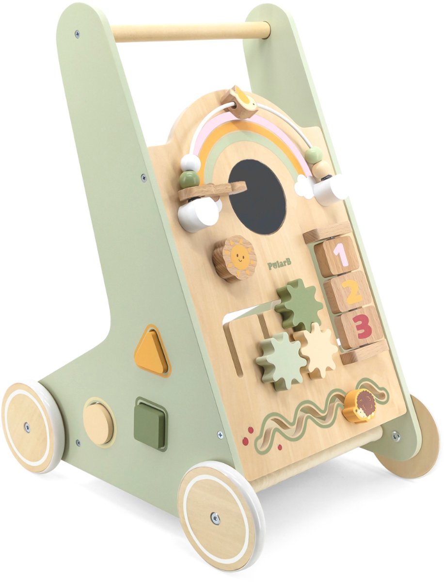 Polarb houten loopwagen groen – baby walker met speelfunctie (12+ mnd) – looptrainer met opbergruimte - snel leren lopen - anti slipbanden