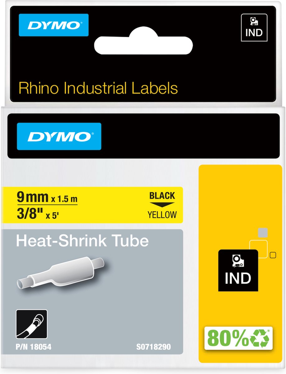 Étiquettes de tubes thermorétractables industriels Dymo rhino | 9 mm x 1,5 m | impression noire sur jaune | pour imprimantes d'étiquettes rhino