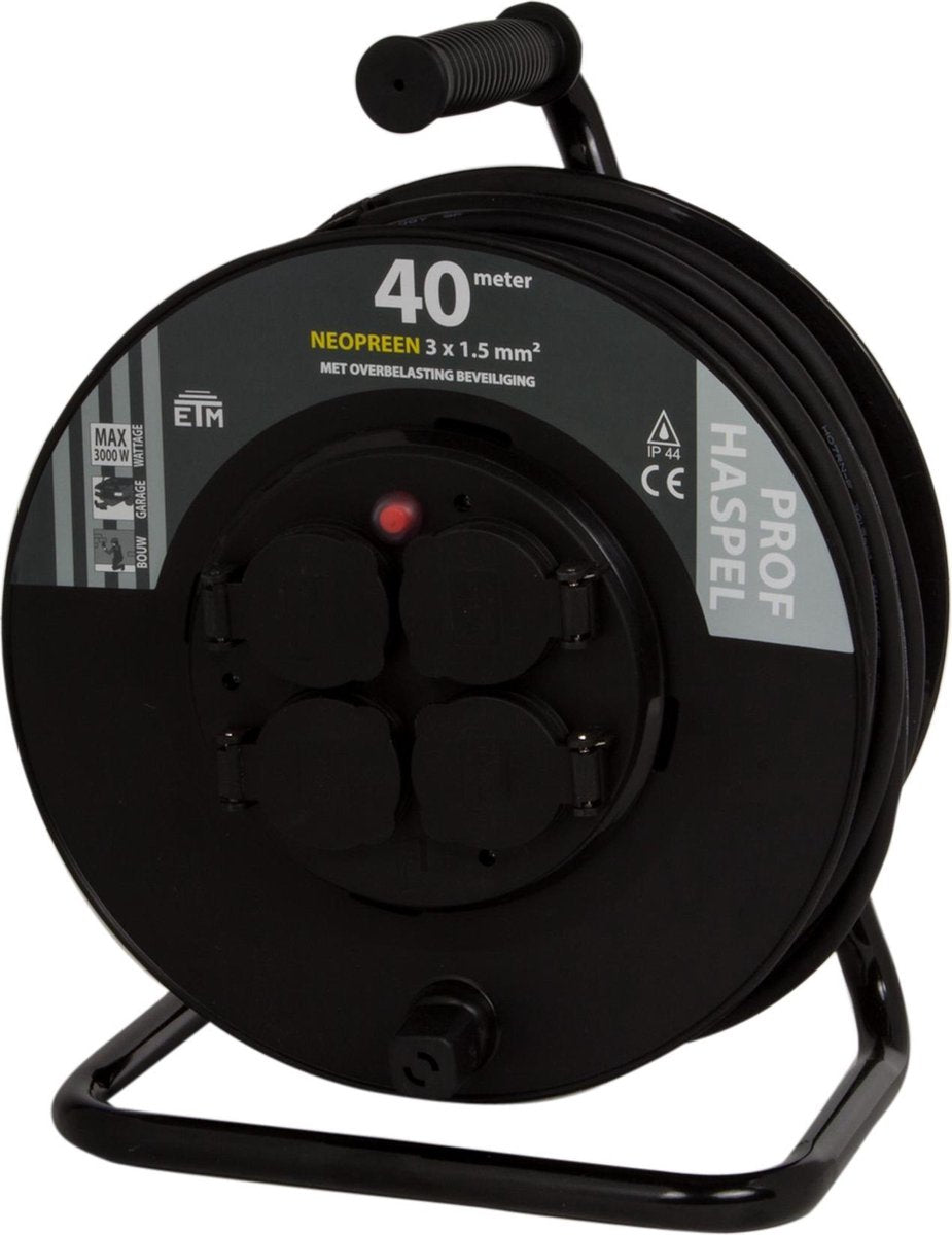 Enrouleur de câble Q-link etm professionnel - 40 m avec cordon néoprène 3 x 1,5 mm2 - noir