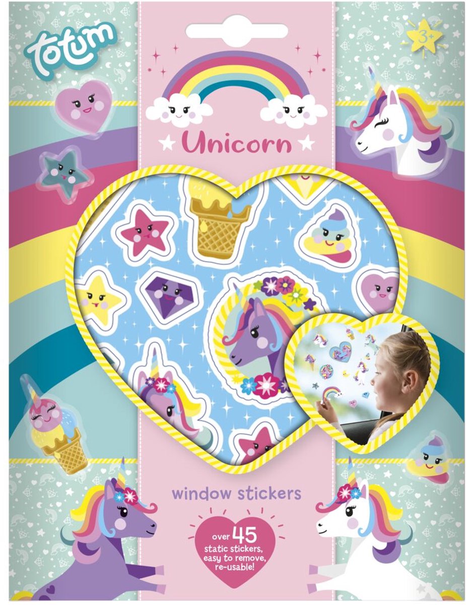 Autocollants de fenêtre licorne Totum autocollants mobiles licorne | 45 pièces non permanentes pour la maison et les voyages | jouets junior à partir de 3 ans