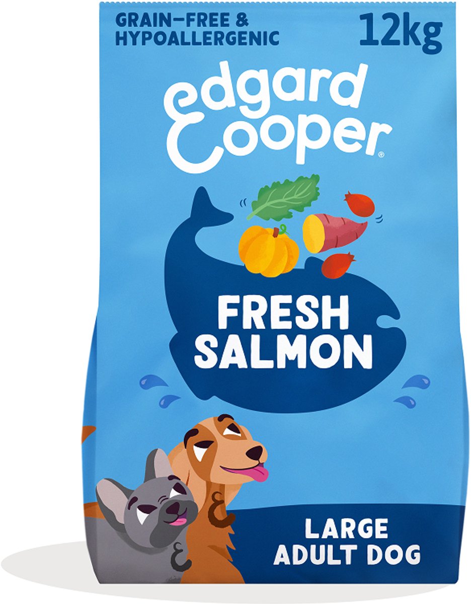 Edgard Cooper Croquettes pour chiens adultes de grande taille, saumon frais, 12 kg, recette hypoallergénique à base d'ingrédients naturels, équilibre parfait des fibres