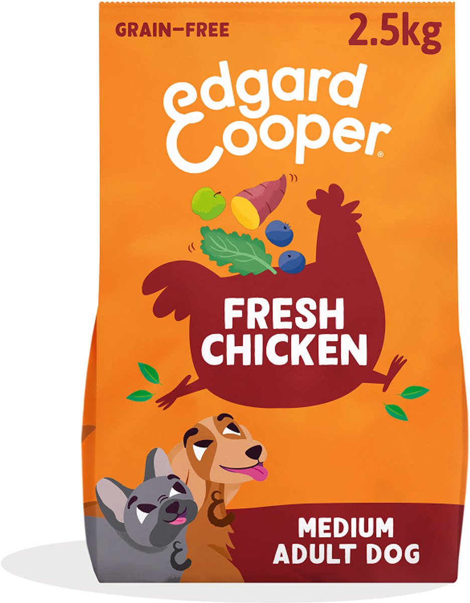 Edgard Cooper nourriture pour chien adulte pour chiens de taille moyenne, poulet frais, 2,5 kg, recette sans céréales avec ingrédients naturels, équilibre parfait des fibres