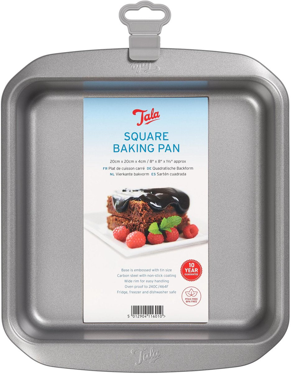 Tala Everyday – moule carré – 20 x 20 cm – acier au carbone – avec revêtement antiadhésif – larges poignées empilables – pour brownies, gâteaux lasagnes – dimensions extérieures 25 x 25 cm