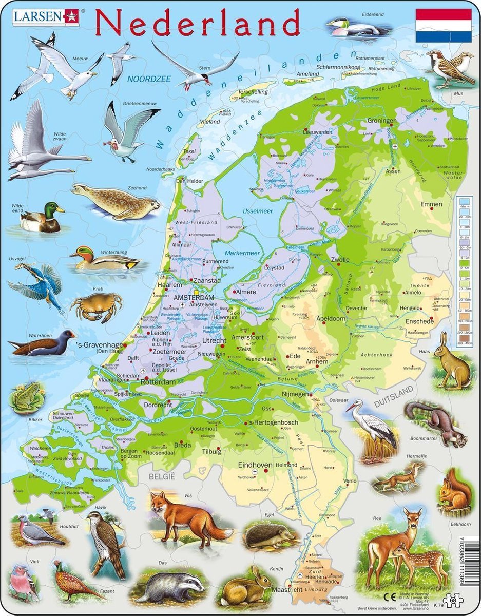 Selecta Larsen carte de puzzle Pays-Bas - géographique avec animaux, 68 pcs.