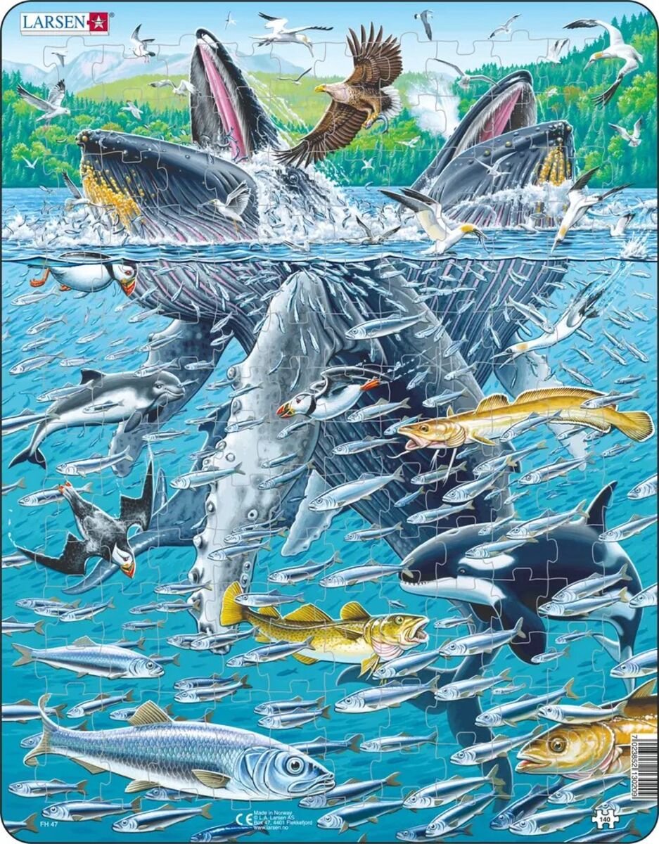 Larsen baleines à bosse – puzzle – animaux – océan – puzzle éducatif pour enfants – 140 pièces – fabriqué en Norvège – pièces extra épaisses de 2,5 mm – plateau avec bord fixe