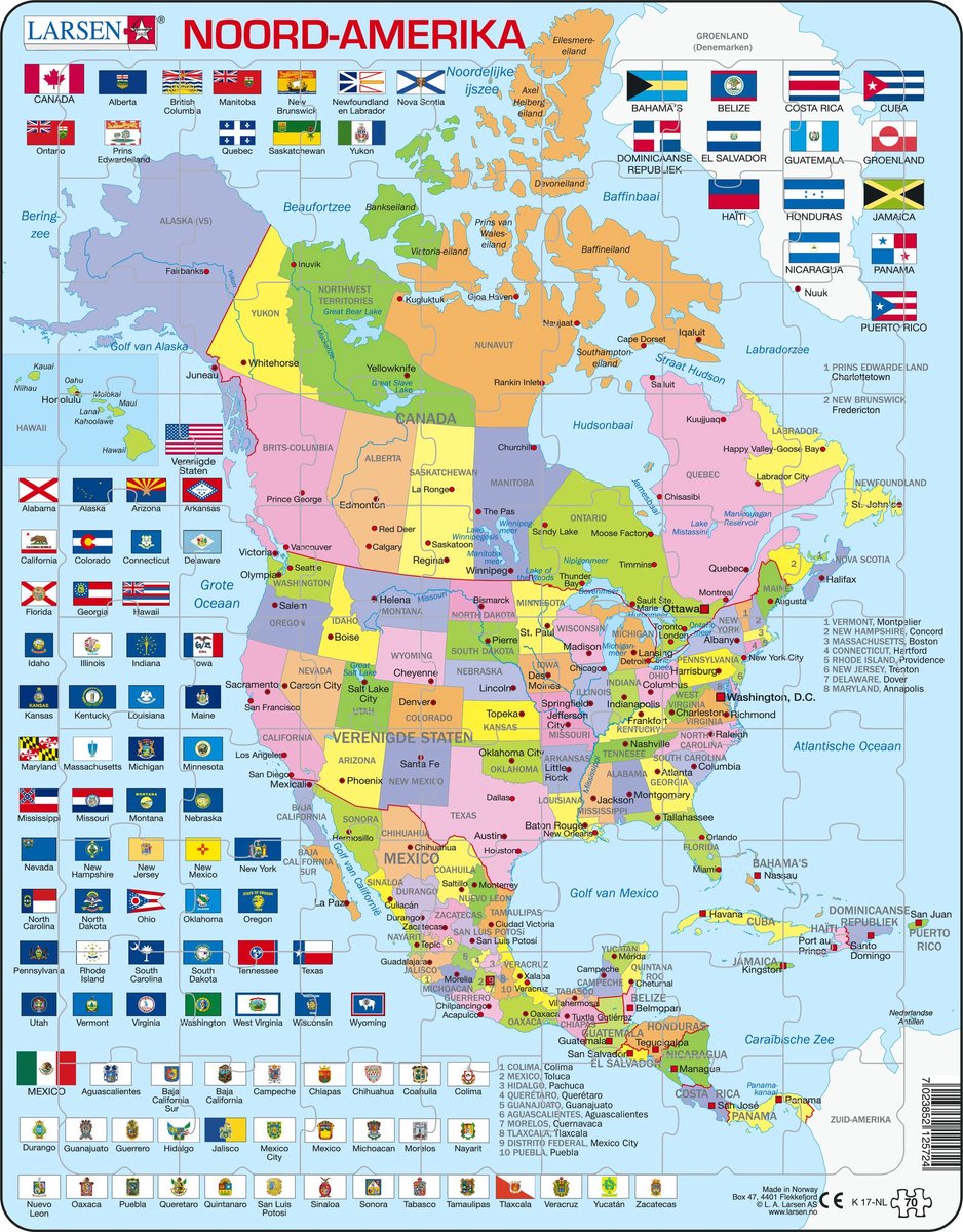 Carte puzzle Selecta Larsen de l'Amérique du Nord avec États et drapeaux, 70 pcs.