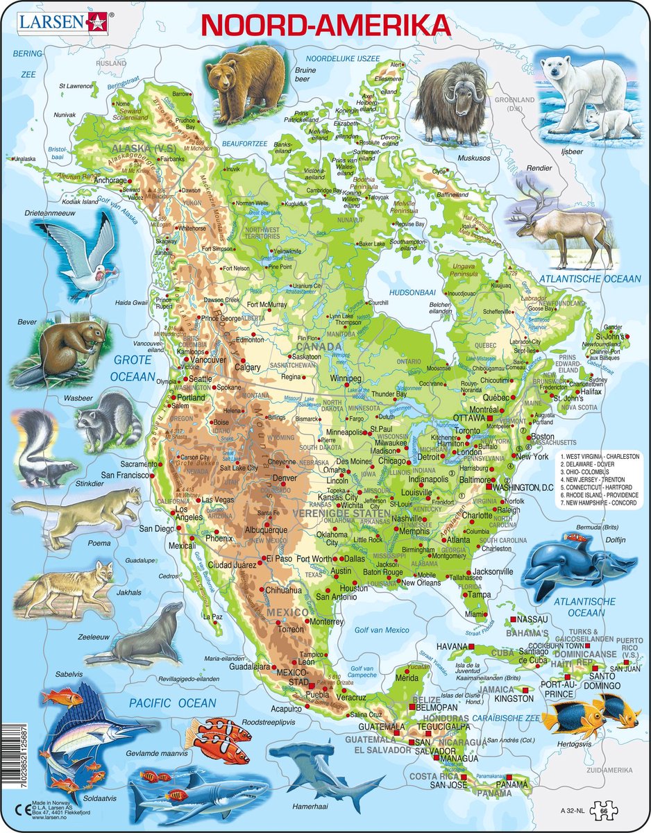 Selecta Larsen puzzle carte géographique de l'Amérique du Nord avec des animaux, 66 pcs.